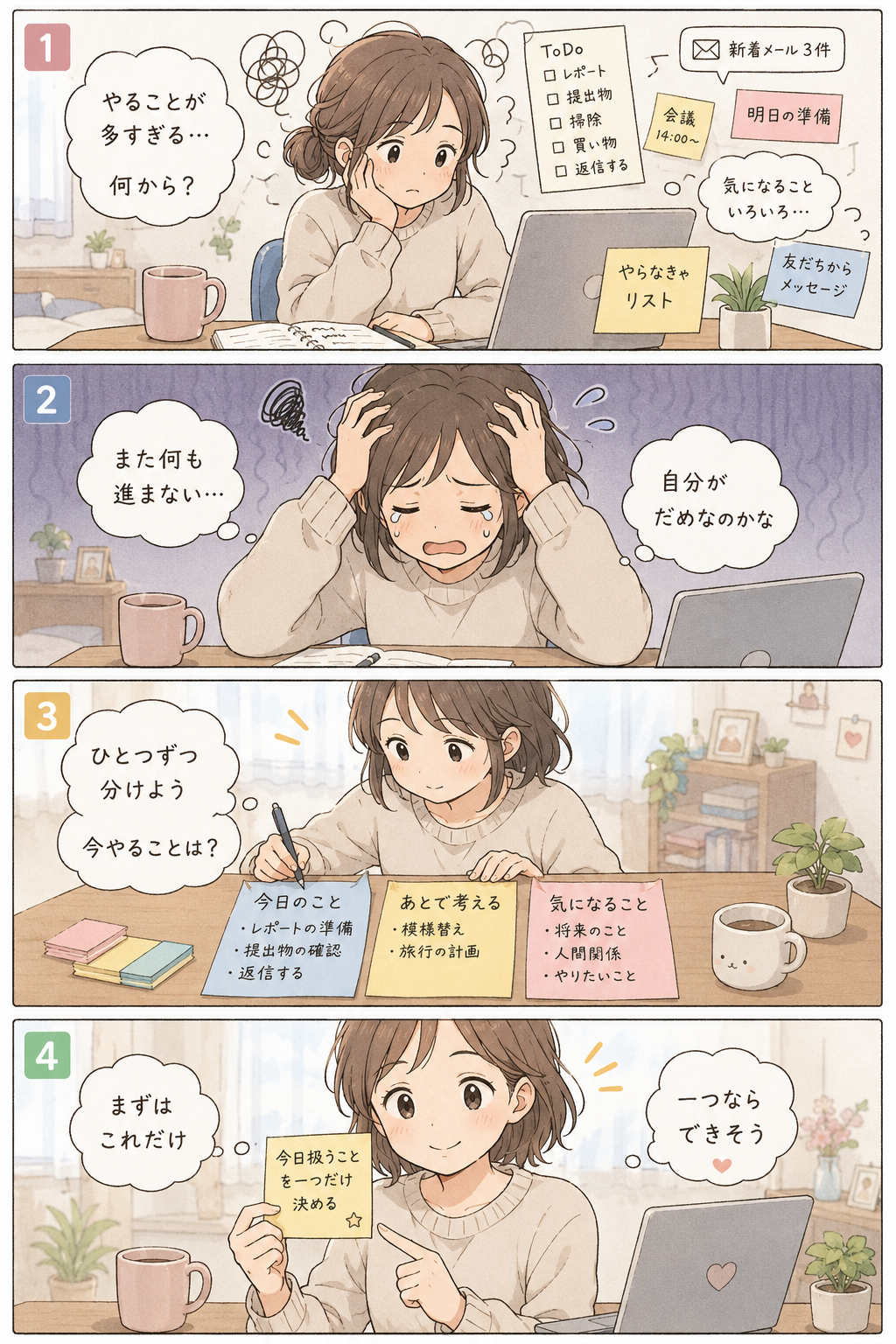 考えがまとまらず、何から手をつければよいか分からないとき の内容を4コマ漫画で整理した補助画像