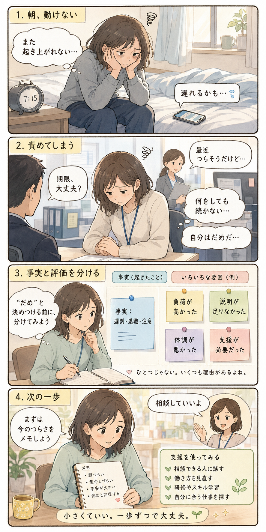 仕事が続かない、朝動けないつらさを、自分責めではなく事実、環境、体調、支援に分けて整理し、次の一歩を考える4コマ漫画