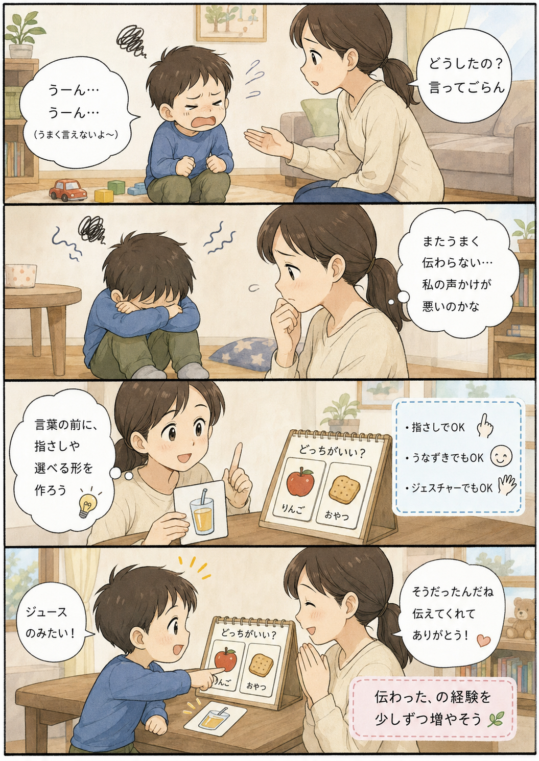絵カードで気持ちを伝える前段階を作る の内容を4コマ漫画で整理した補助画像