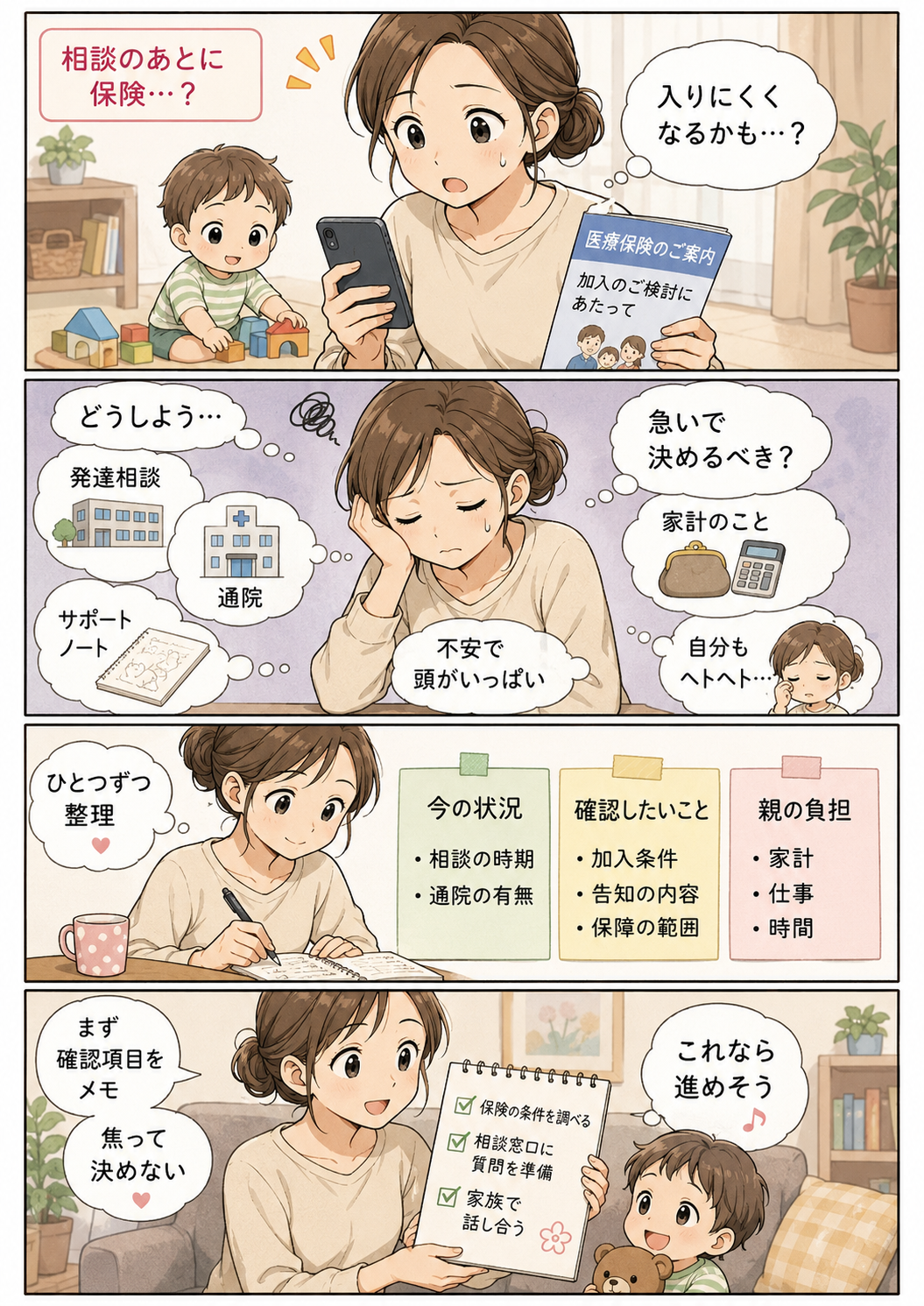 発達相談や通院前後で保険を考える不安から、焦って決めず確認項目を整理する流れを描いた4コマ漫画