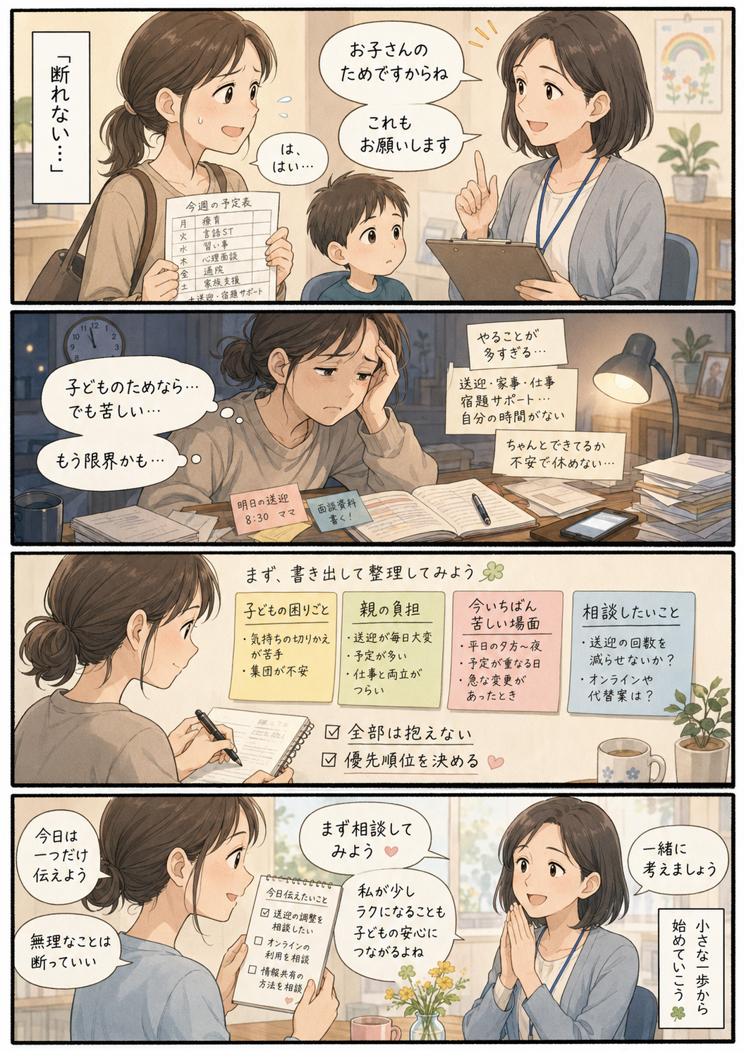 子どものためと言われて断れない親の苦しさから、境界線と優先順位を整理する流れを描いた4コマ漫画