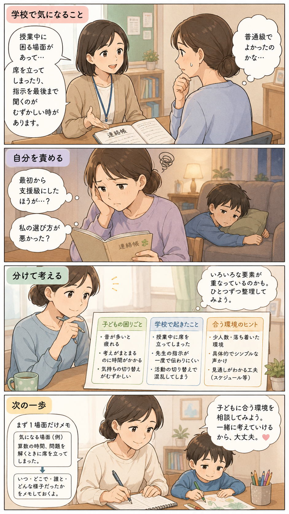 普通級を選んだことに悩む親が、学校で起きたことや子どもの困りごとを整理し、子どもに合う環境を相談する流れを描いた4コマ漫画