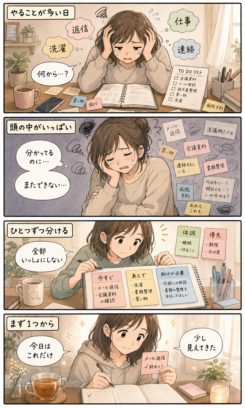 ADHDで頭の中が散らかり何から手をつければよいか分からない状態から、状況を分けて整理し、まず一つから始める流れを描いた4コマ漫画